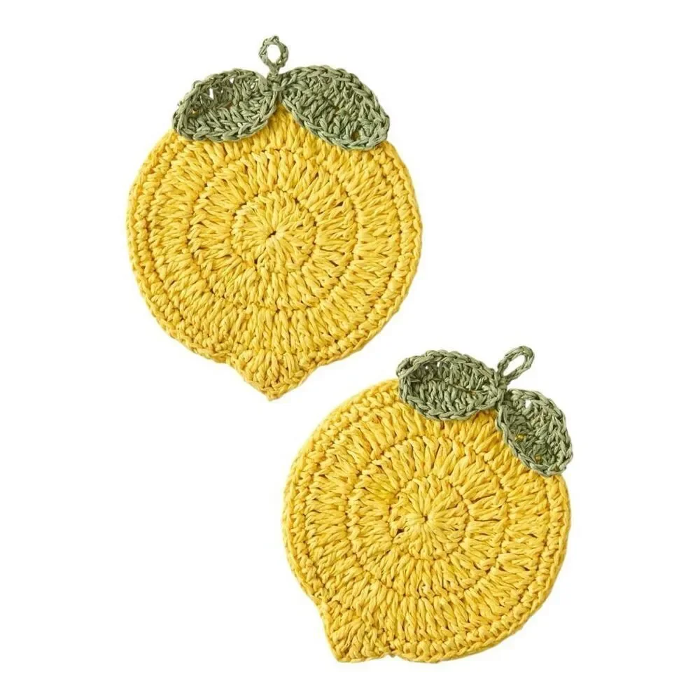 Anthropologie Woven Raffia Lemon Coasters, Set of 2 Crochet Tropical Decor